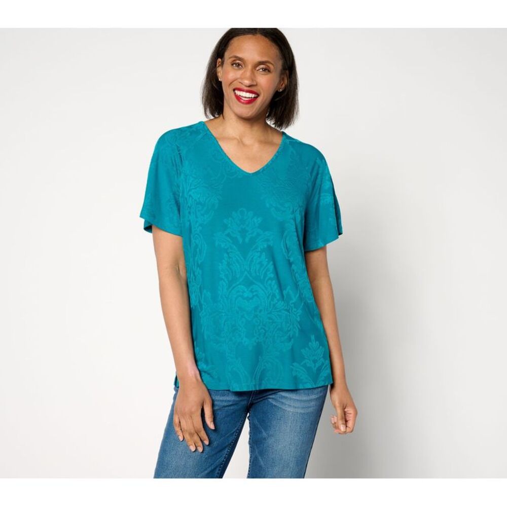 Denim & Co. Women's Top Sz M Knit Raglan Flutter-Sleeve V-Neck Blue A650624
